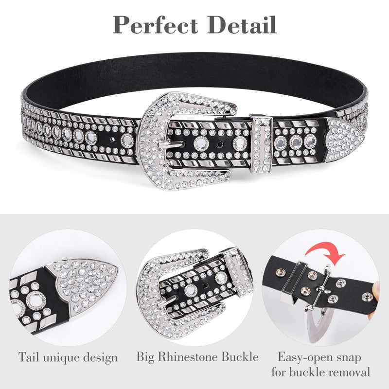SUOSDEY Rhinestone Belt for Men Women Western Cowboy Cowgirl Bling Studded Leather Belt for Jeans Pants,Black,XL - Image 3